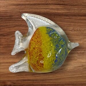 Art Glass Fish Figurine Clear Yellow Blue Accent Decor Paperweight‎